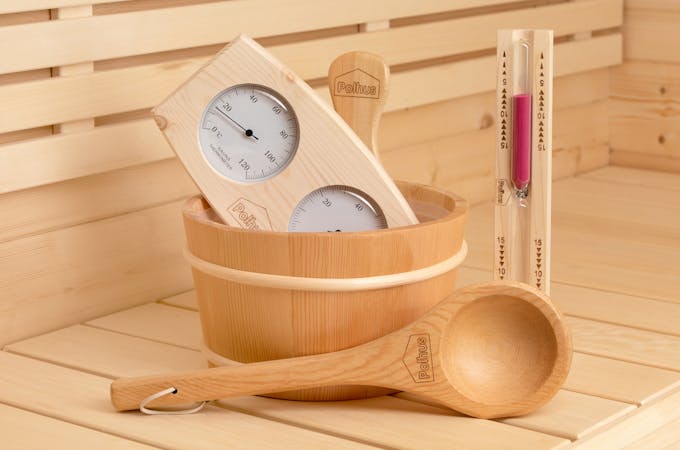 Sauna-Set Traditionell – Aufgusseimer, Aufgusskelle, Hygrometer, Thermometer & Sanduhr